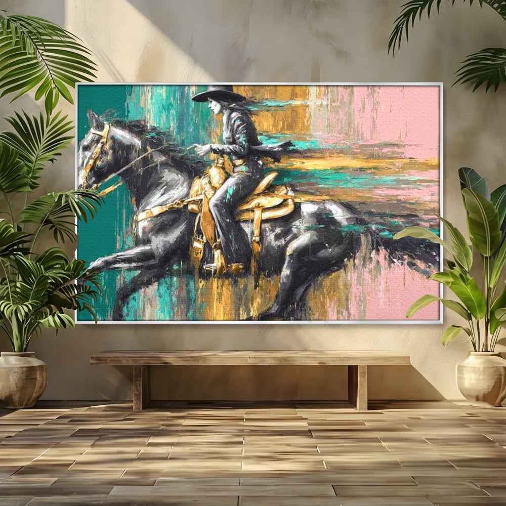 Tablou canvas cu pictura cu femeie calare pe armasar, in rama de aluminiu argintiu